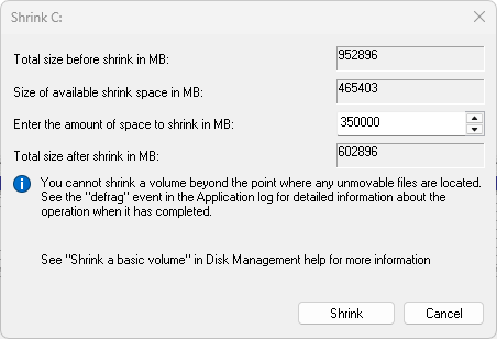 Shrink Volume initial dialog