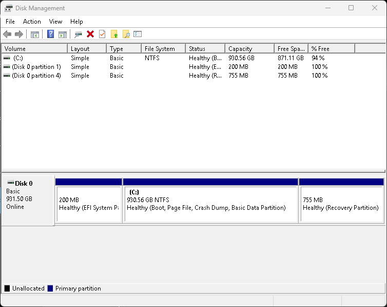 Disk Management current configuration