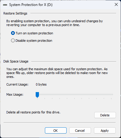 System Protection configuration initial state