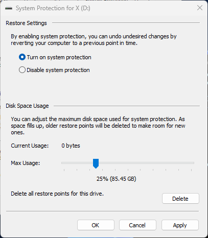 System Protection with 25% allocated