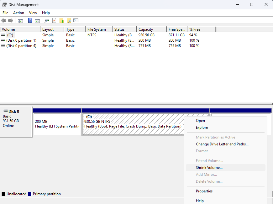 Shrink Volume context menu option