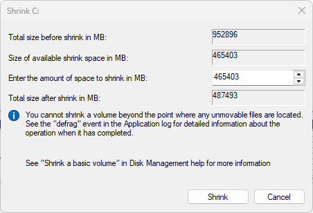 Shrink Volume dialog with amount specified