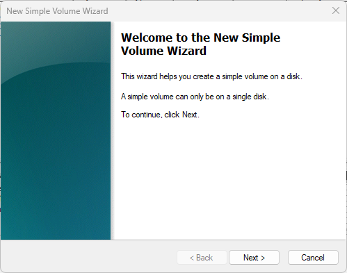 New Simple Volume Wizard welcome screen