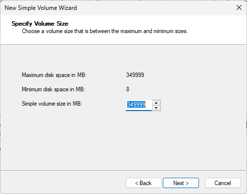 Specify Volume Size dialog