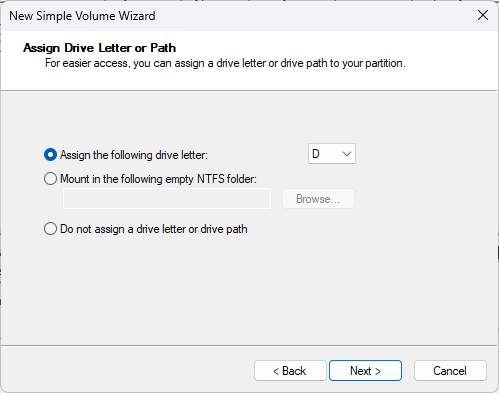 Assign Drive Letter dialog