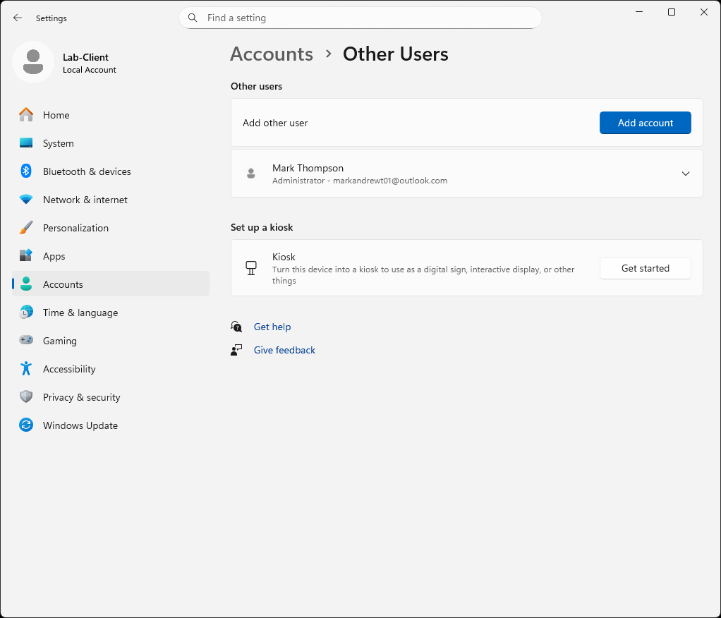 Other Users page with Add account button