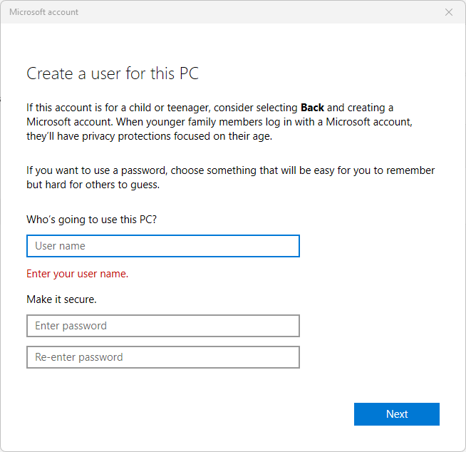 Create user account form