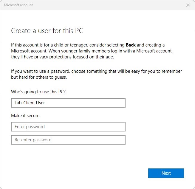 Create user account with username entered