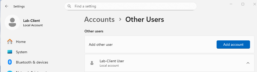 Other Users page showing new Lab-Client User account