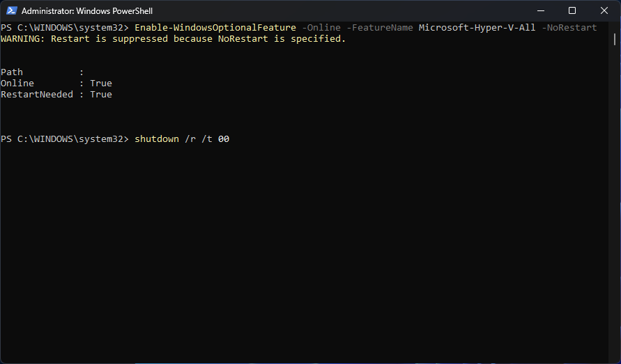 Hyper-V installation complete with restart command