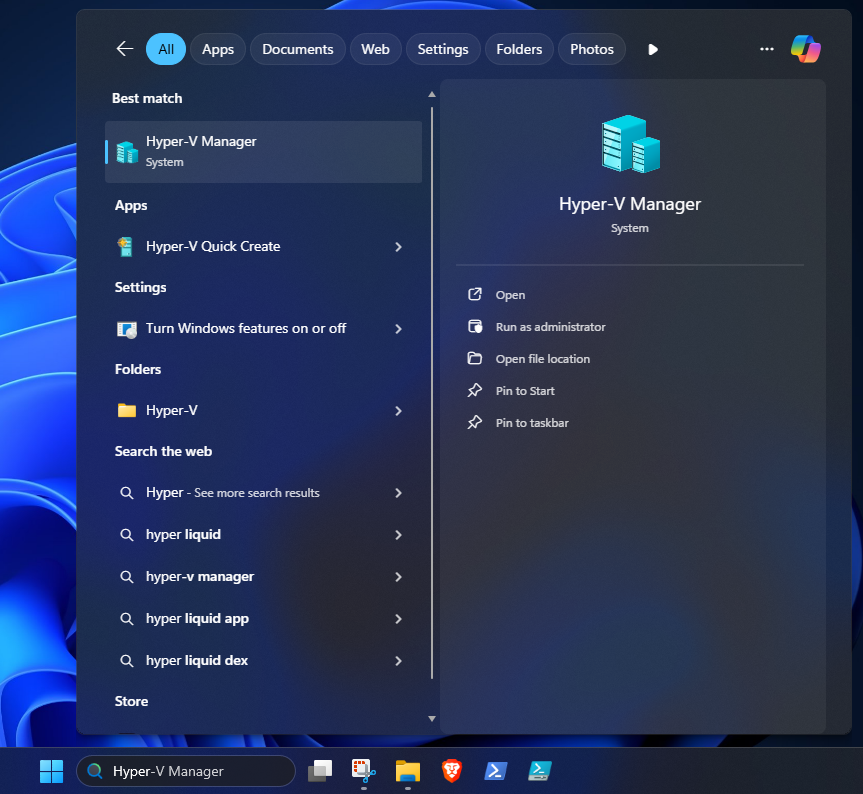 Windows Start menu showing Hyper-V Manager
