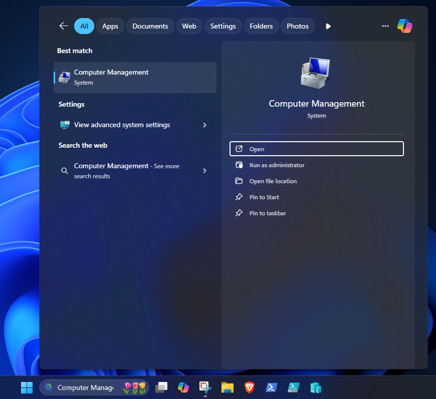 Windows Start menu showing Computer Management