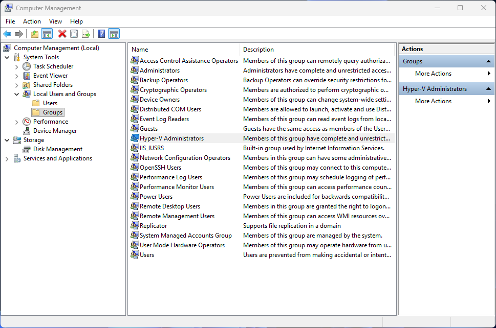 Hyper-V Administrators Properties dialog