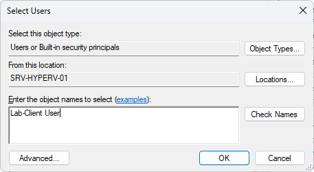 Hyper-V Administrators Properties with Lab-Client User added