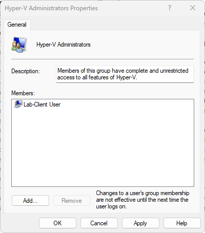 Final Hyper-V Administrators Properties confirmation