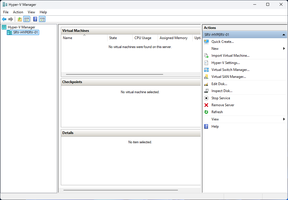 Hyper-V Manager initial view with no VMs