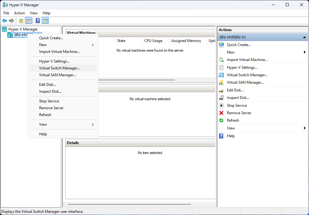 Hyper-V Manager Action menu expanded