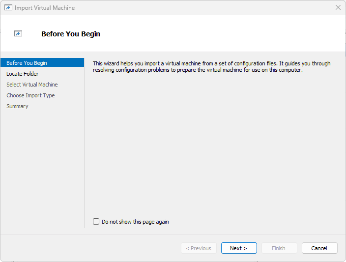 Import Virtual Machine wizard welcome screen