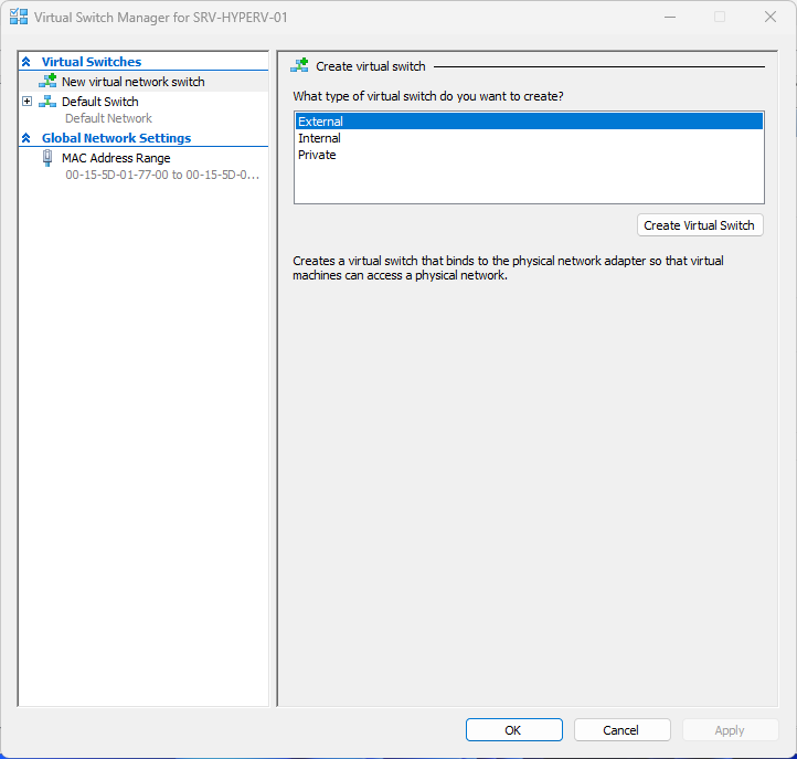 Virtual Switch Manager - Create external switch