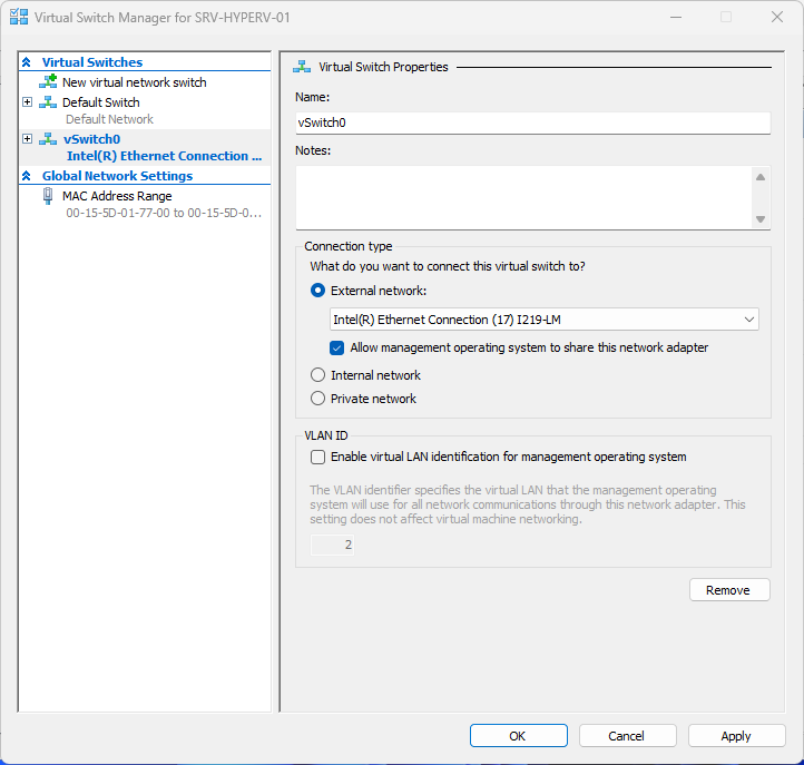 Virtual Switch Properties configuration
