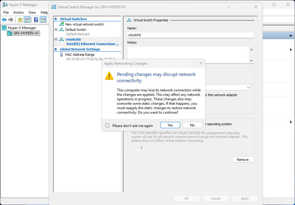 Network changes warning dialog