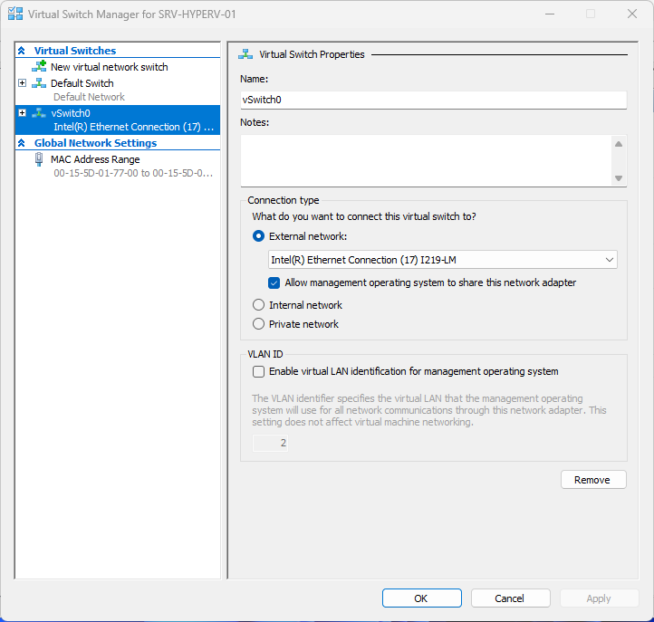 Virtual Switch Manager showing created vSwitch0