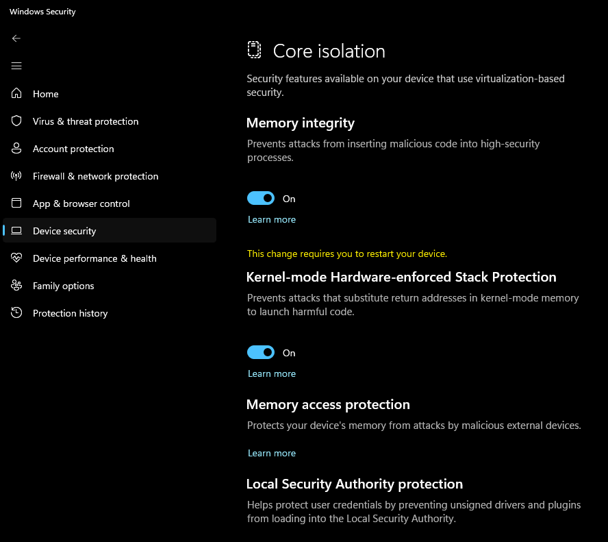 Device security memory integrity
