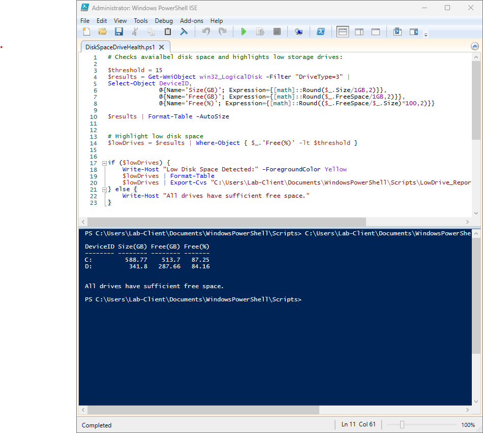 Disk Health Check script code