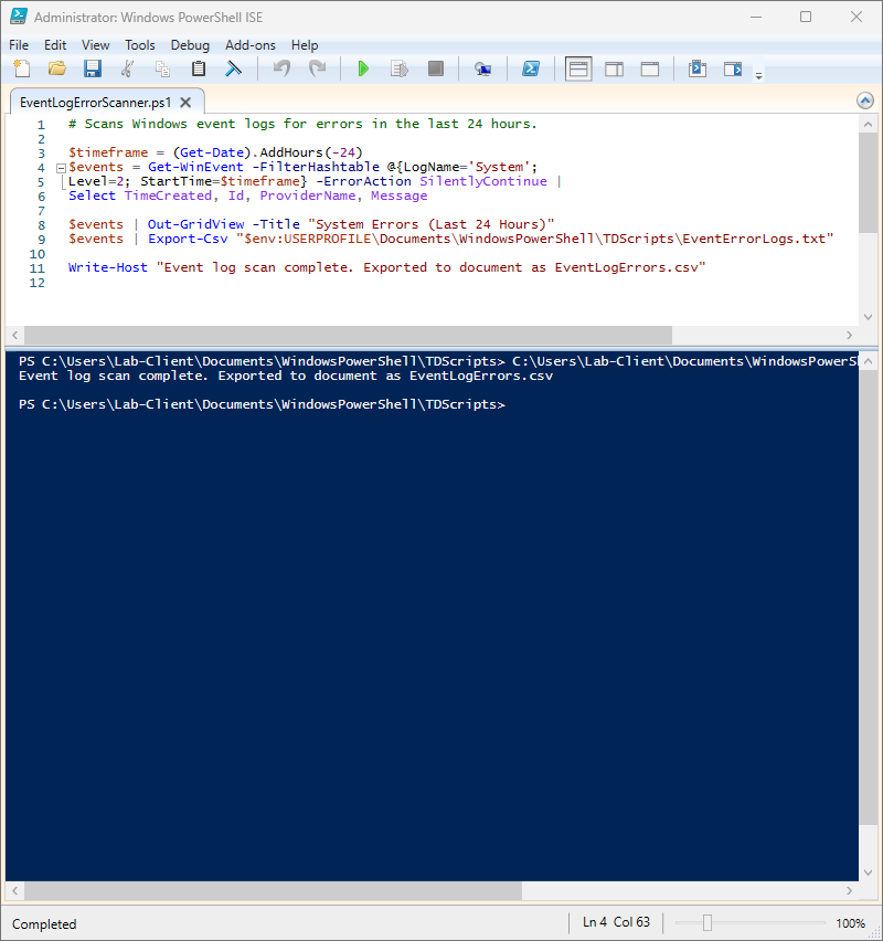 Event Error Log Scanner script