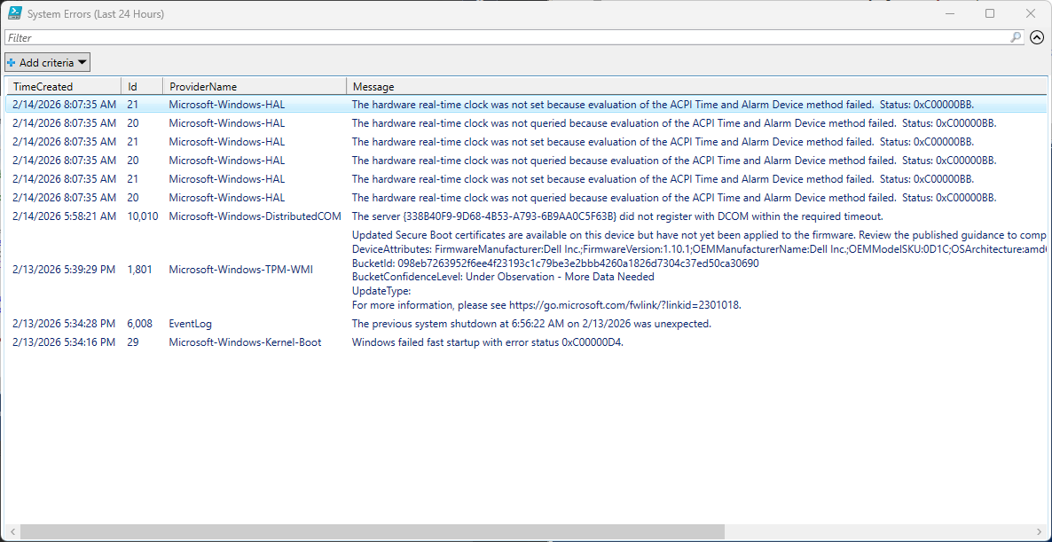 System Errors report from Event Log