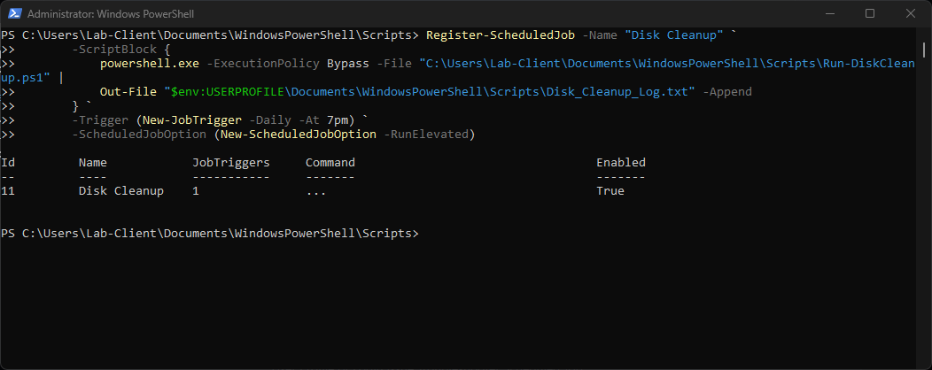 Disk Cleanup scheduled job confirmation