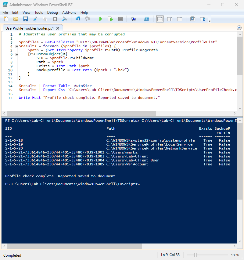 User Profile Troubleshooter script output