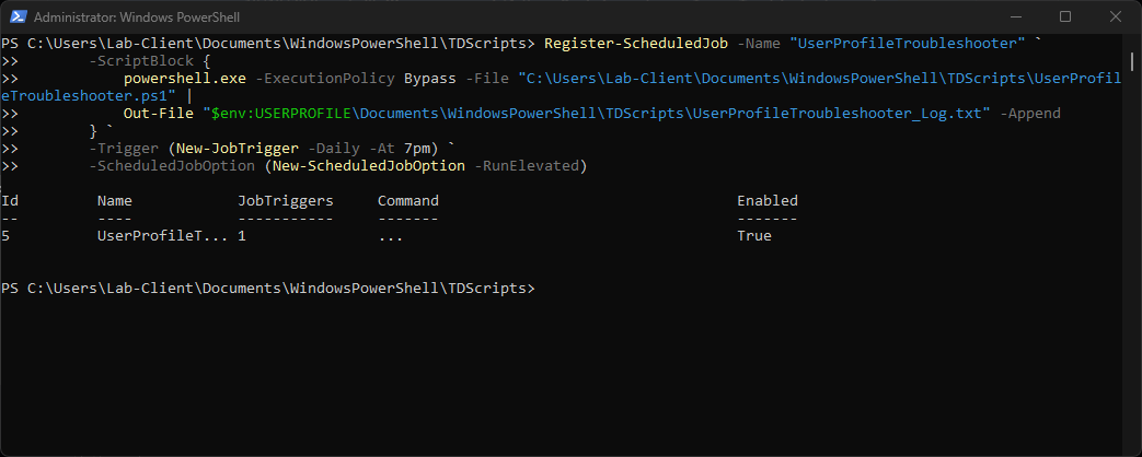 User Profile Troubleshooter scheduled job confirmed
