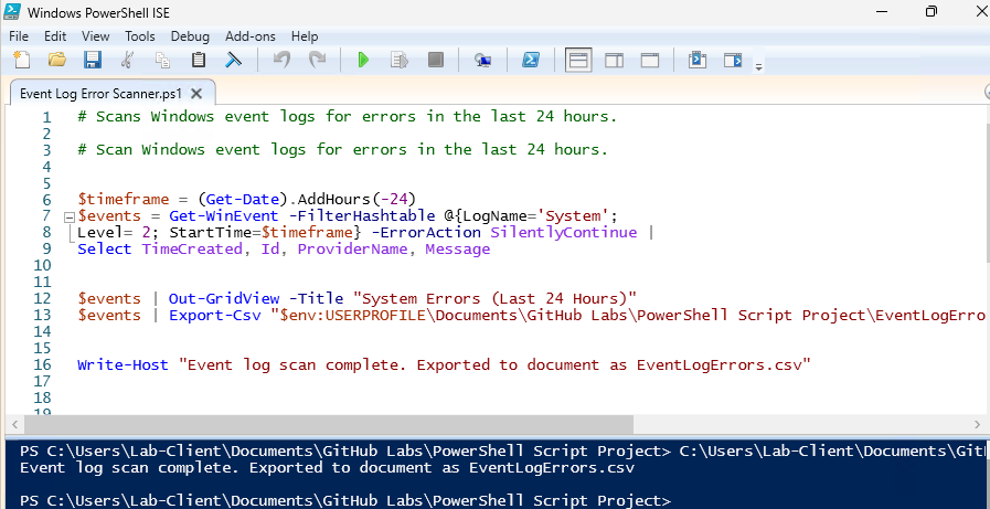 PowerShell event log scanner script