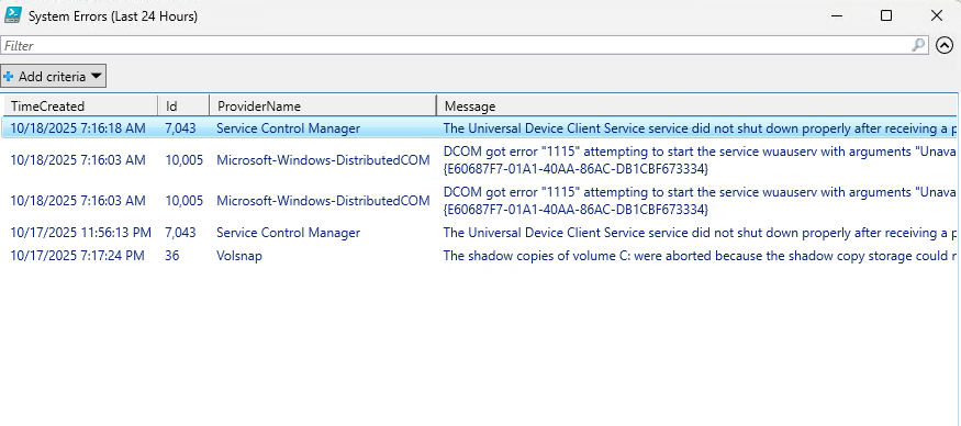 Event log scanner results
