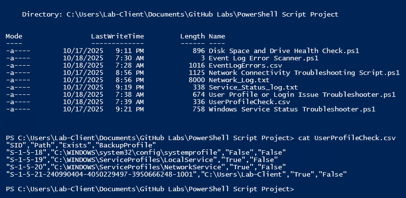 User profile troubleshooting PowerShell output