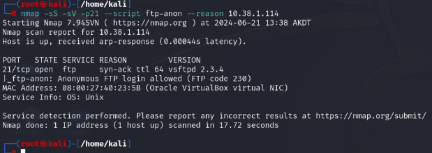 Nmap FTP anonymous login script result