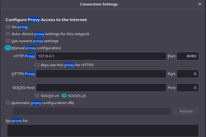 Firefox proxy settings for Burp