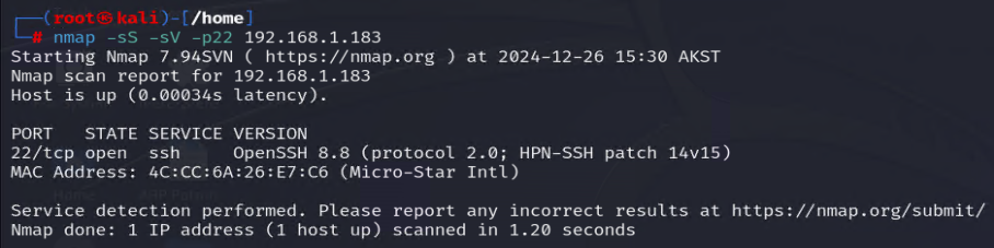 Nmap results showing port 22 open on the target
