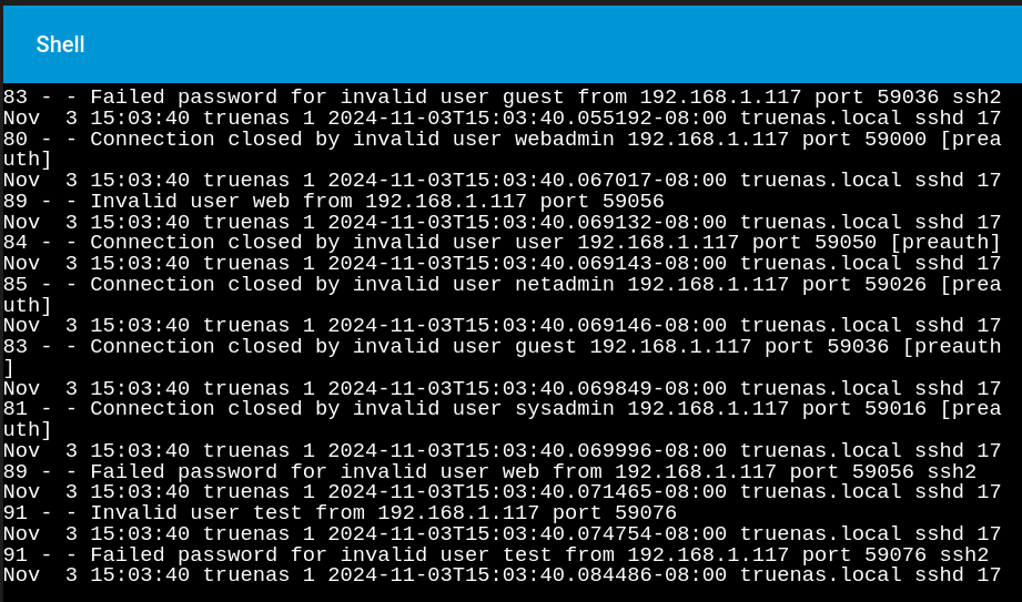Concatenated log showing multiple brute-force attempts
