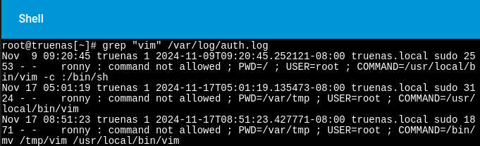 Logs showing vim execution with -c /bin/sh and sudo attempts