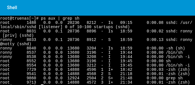 ps aux output showing shells under ronny and root, indicating escalation