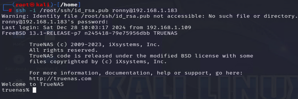 Successful re-login via SSH using the key (persistence test)