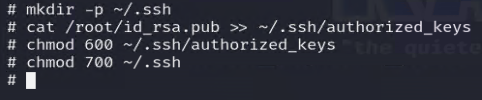 Creating ~/.ssh, writing authorized_keys, and setting permissions