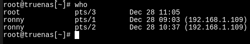 Using who to see active sessions (ronny from Kali IP)