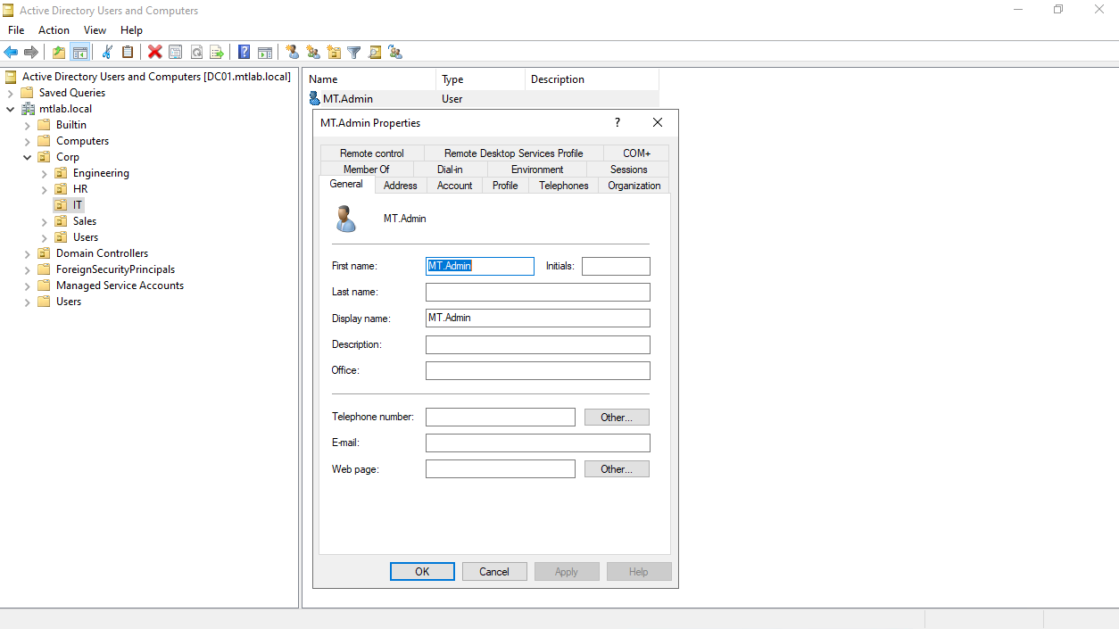 MT account properties showing the Account tab in Active Directory Users and Computers