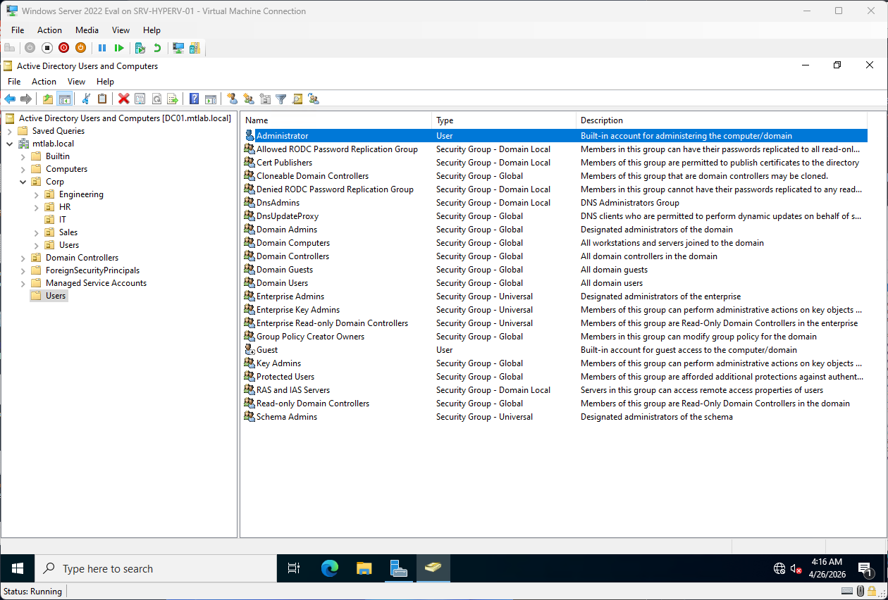 Right-clicking the Administrator account in Active Directory Users and Computers
